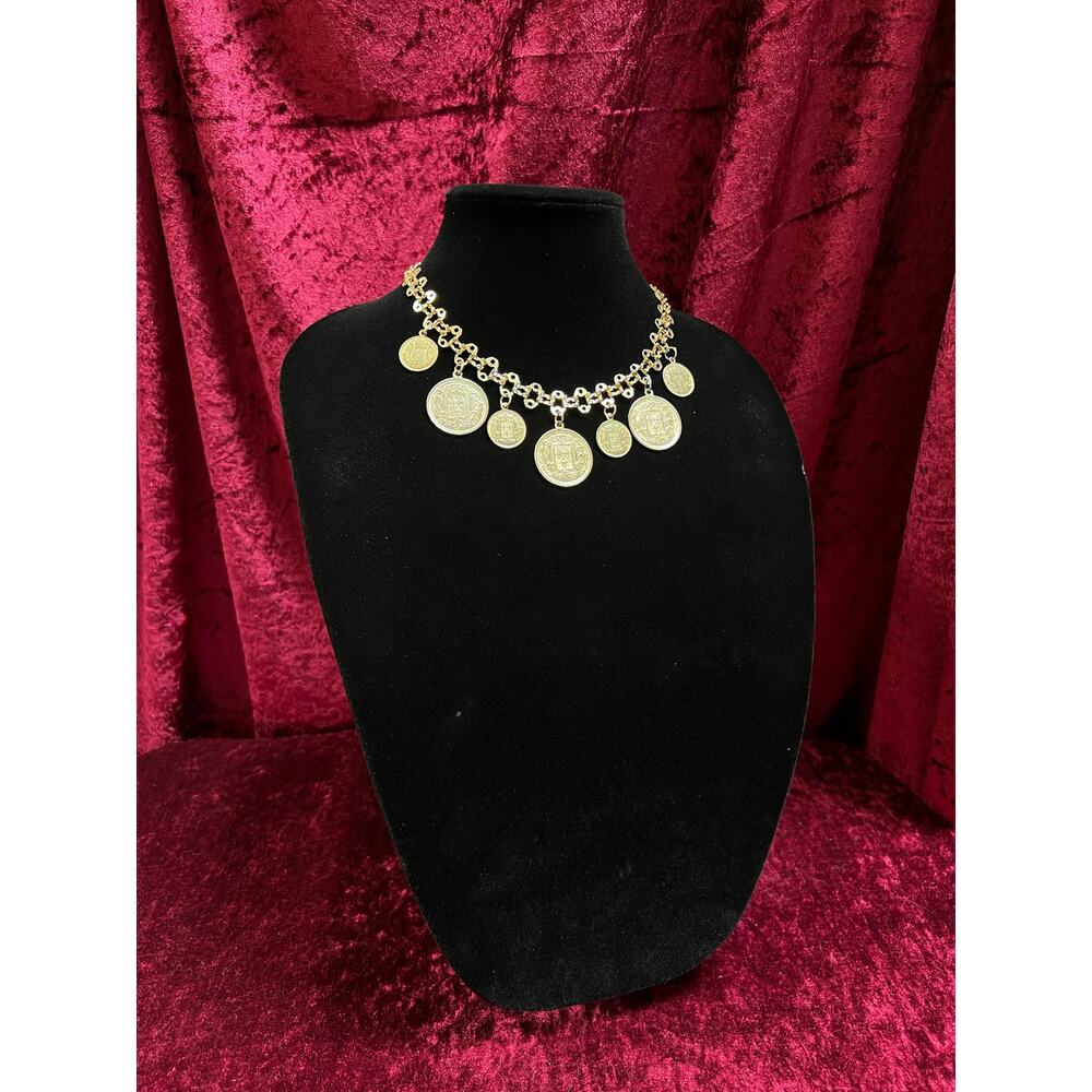 Vintage Jewelry Reversible Necklace Gold Tone Republique Francaise Coins - 17.5"